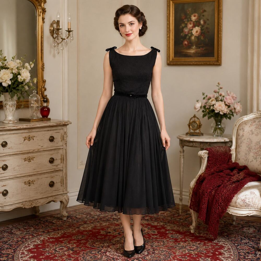 50s VTG Black Chiffon Cocktail Dress Velvet Bow Shirred Full Skirt Party - XS